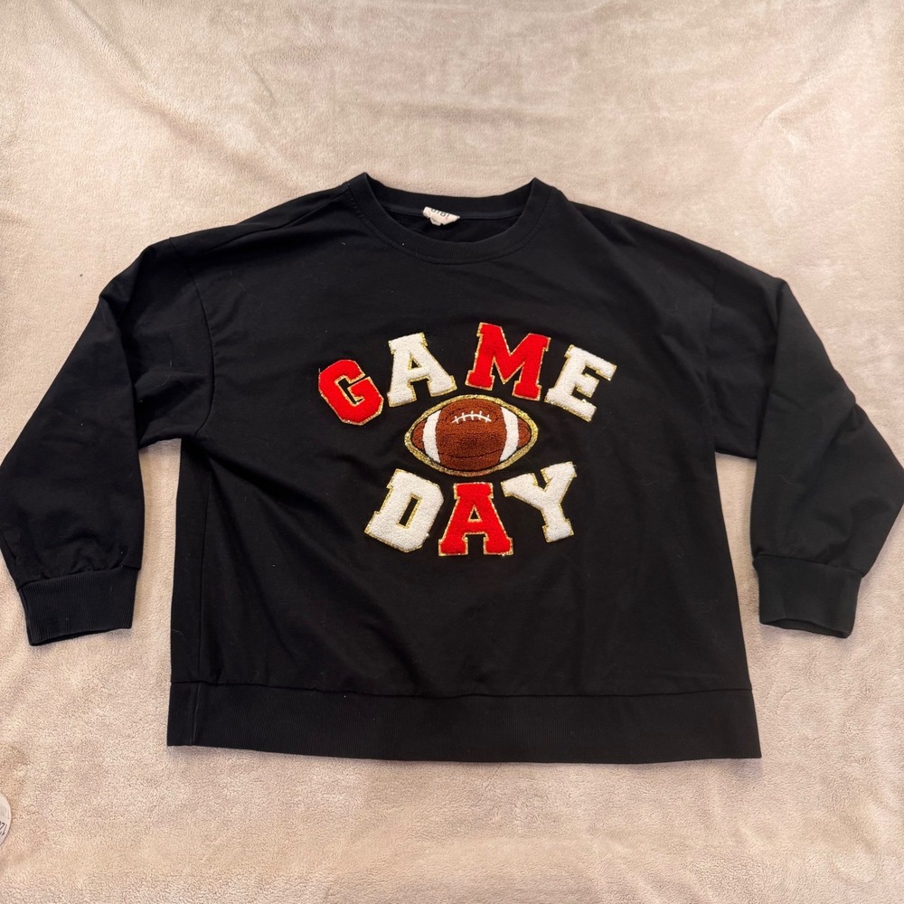 Game Day Football Crewneck Sweatshirt Chenille Varsity Black Sports Fan Sz L - Picture 2 of 9